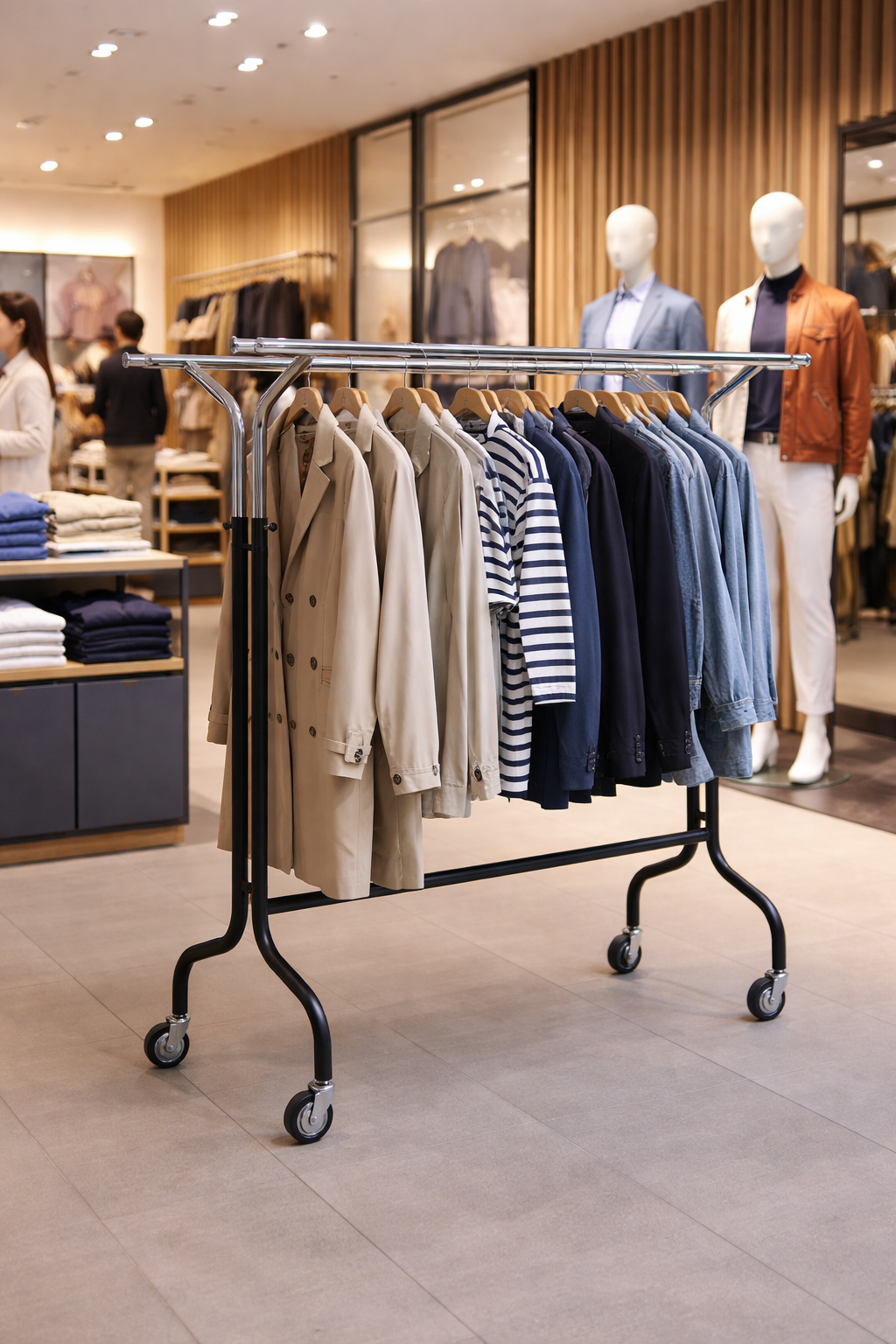 Kleiderständer fahrbar für Einzelhandel und Ladenbau mit Rollen